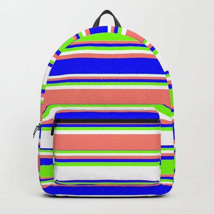 Blue, Green, White, and Salmon Colored Lined Pattern Backpack