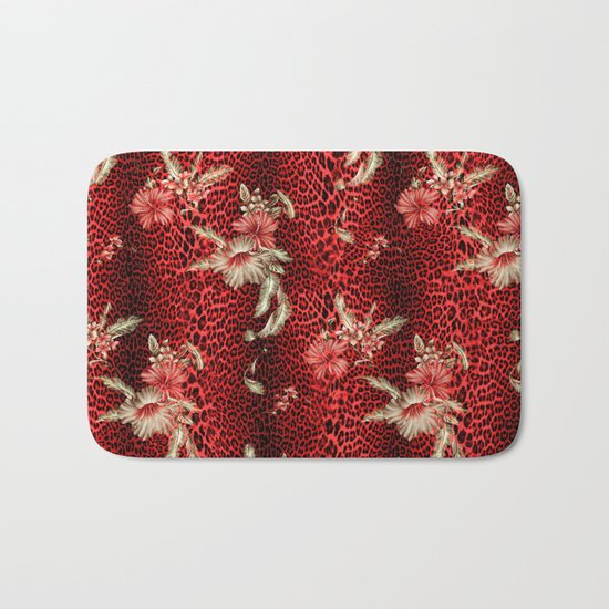 Wild Red Leopard and Flowers Bath Mat