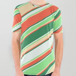 [ Thumbnail: Colorful Red, Sea Green, Mint Cream, Light Green & Beige Colored Lined/Striped Pattern All Over Graphic Tee ]