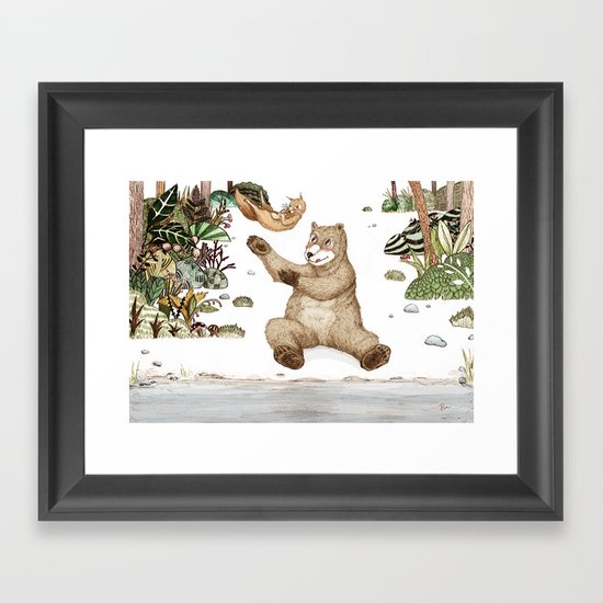 Mr.Brown is playing with the squirrel Framed Art Print