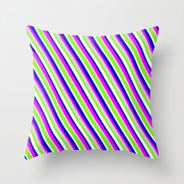 [ Thumbnail: Eyecatching Blue, Fuchsia, Light Gray, Green, and White Colored Lined Pattern Throw Pillow ]
