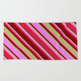 [ Thumbnail: Dark Khaki, Violet, Crimson & Maroon Colored Lines Pattern Beach Towel ]