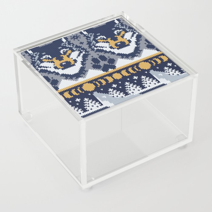 Fair isle knitting grey wolf // navy blue and grey wolves yellow moons and pine trees Acrylic Box