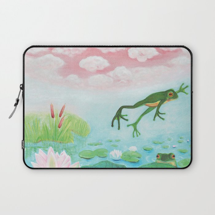 A Frog Jumps Into The Pond Illustration by Julia Doria Laptop Sleeve