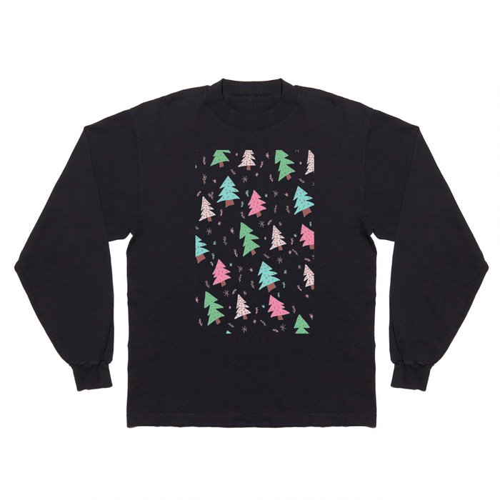 Modern pink green blue christmas tree snowflakes illustration pattern Long Sleeve T Shirt