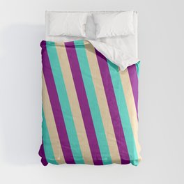 [ Thumbnail: Turquoise, Purple & Tan Colored Stripes/Lines Pattern Comforter ]