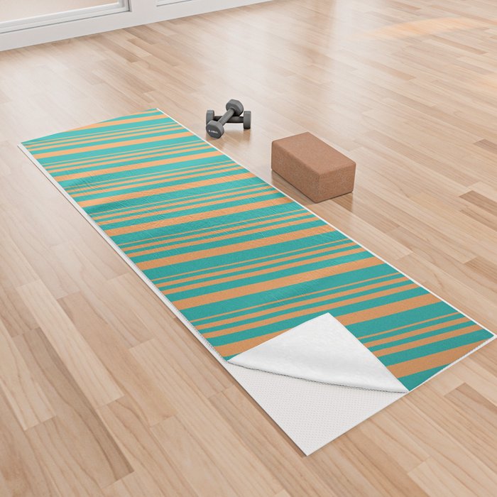 Brown & Light Sea Green Colored Lines/Stripes Pattern Yoga Towel