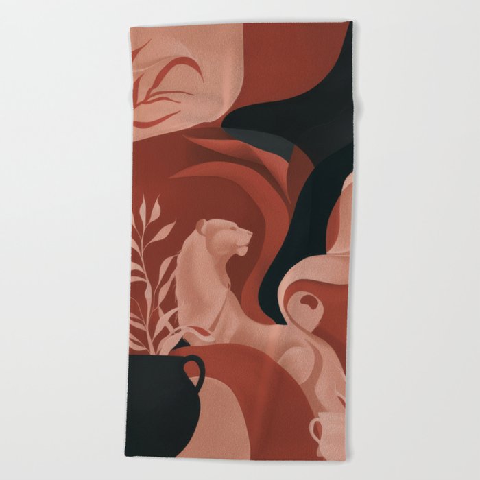 Greek Lion Silhouettes #3 Boho Plants and Cats Beach Towel