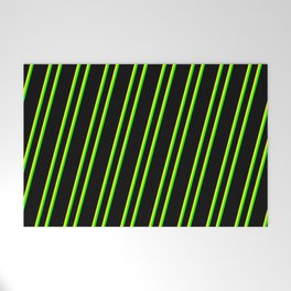 [ Thumbnail: Black, Yellow, and Lime Colored Pattern of Stripes Welcome Mat ]