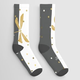 Yellow Gold Dragonfly dandelion seeds Christmas seamless pattern and Gold Confetti on Dark Grey and White Stripes Background Socks