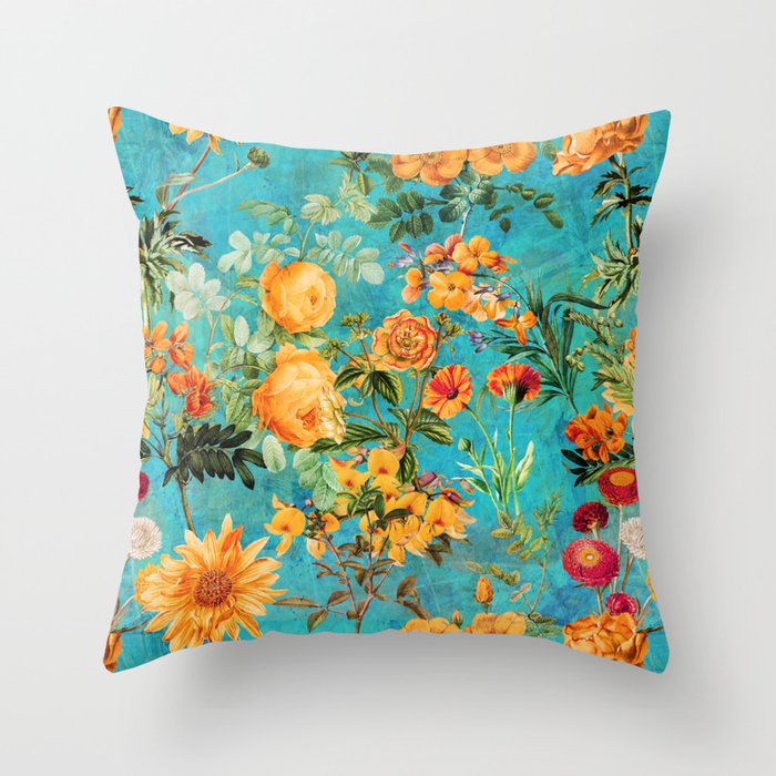 Vintage & Shabby Chic - Blue Botanical Flowers Summer Day  Throw Pillow