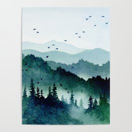 Watercolor Mountains - Handpainted Landscape Art Pine Trees Forest Wanderlust Poster