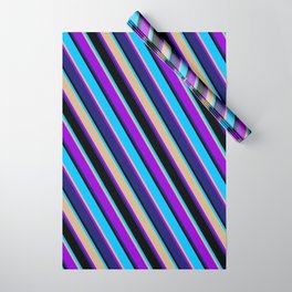 [ Thumbnail: Eyecatching Deep Sky Blue, Tan, Dark Violet, Midnight Blue, and Black Colored Lines Pattern Wrapping Paper ]