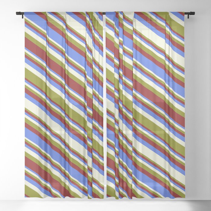 Green, Maroon, Royal Blue, and Beige Colored Stripes/Lines Pattern Sheer Curtain