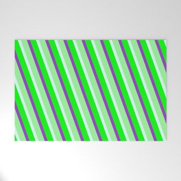 [ Thumbnail: Dark Orchid, Green, Light Cyan & Lime Colored Lined Pattern Welcome Mat ]