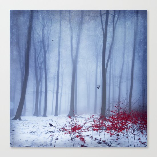 winter forest with birds Canvas Print