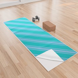 [ Thumbnail: Dark Turquoise and Light Sky Blue Colored Lined/Striped Pattern Yoga Towel ]