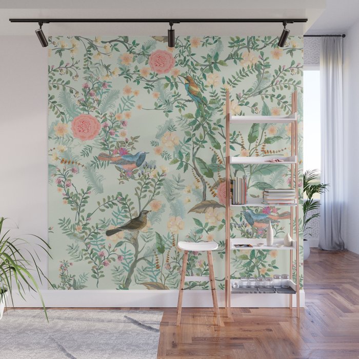 Chinoiserie Mint Green Pink Fresco Floral Garden Oriental Botanical Wall Mural by Archipelago