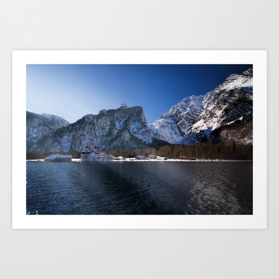 Koenigssee Lake with St. Bartholomew's Church - Mountains and Lake Art Print