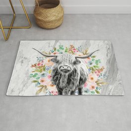 Highland Cow With Flowers on Marble Black and White Rug