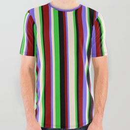 [ Thumbnail: Colorful Lime Green, Beige, Medium Slate Blue, Dark Red & Black Colored Stripes Pattern All Over Graphic Tee ]