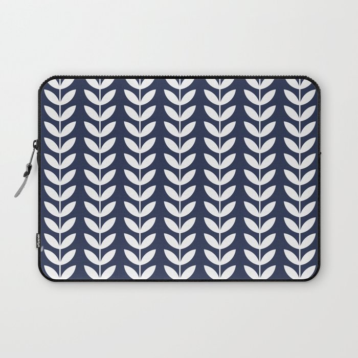 Navy Blue and White Scandinavian leaves pattern Laptop Sleeve