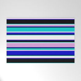 [ Thumbnail: Eye-catching Dark Turquoise, White, Plum, Blue & Black Colored Lined/Striped Pattern Welcome Mat ]