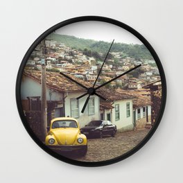 Brazil Photography - Old Street With An Old Yellow Car Wall Clock