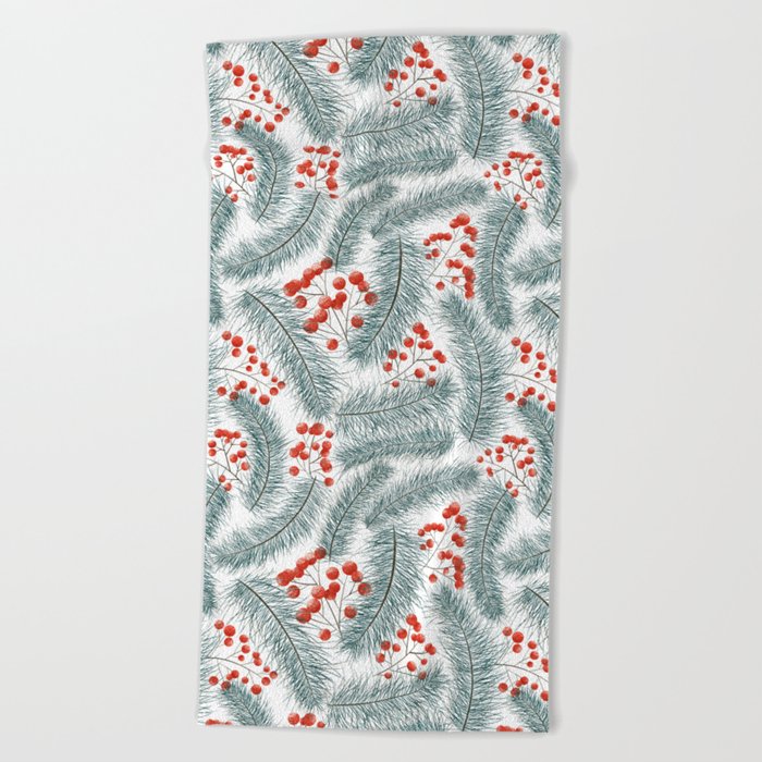Pine branches and red berries on white Beach Towel
