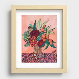 Peony, Banksia, and Citrus Bouquet on Peach Orange Background Painting with Liberty Print Floral Tablecloth Recessed Framed Print