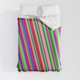 [ Thumbnail: Eye-catching Light Pink, Crimson, Purple, Light Green, and Forest Green Colored Stripes Pattern Duvet Cover ]