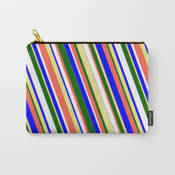 Vibrant Blue, Tan, Dark Green, Red, and White Colored Stripes/Lines Pattern Carry-All Pouch