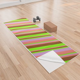[ Thumbnail: Brown, Chartreuse, Plum & Salmon Colored Stripes Pattern Yoga Towel ]