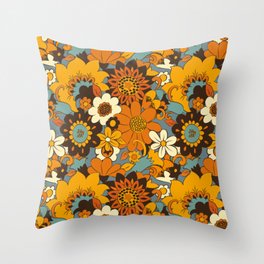 70s Retro Flower Power 60s floral Pattern Orange yellow Blue Throw Pillow