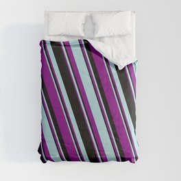 [ Thumbnail: Powder Blue, Purple, and Black Colored Striped/Lined Pattern Comforter ]