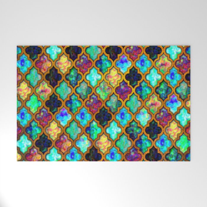 Moroccan tiles iridescent pattern golden mesh Welcome Mat