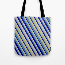 [ Thumbnail: Dark Khaki, Blue, Dark Blue & Grey Colored Lines/Stripes Pattern Tote Bag ]
