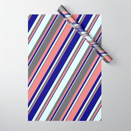 [ Thumbnail: Dim Grey, Light Coral, Dark Blue & Light Cyan Colored Stripes Pattern Wrapping Paper ]