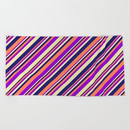 [ Thumbnail: Coral, Dark Violet, Pale Goldenrod, and Midnight Blue Colored Lined/Striped Pattern Beach Towel ]