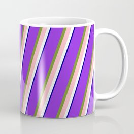 [ Thumbnail: Purple, Green, Light Pink, Mint Cream, and Dark Blue Colored Striped/Lined Pattern Coffee Mug ]