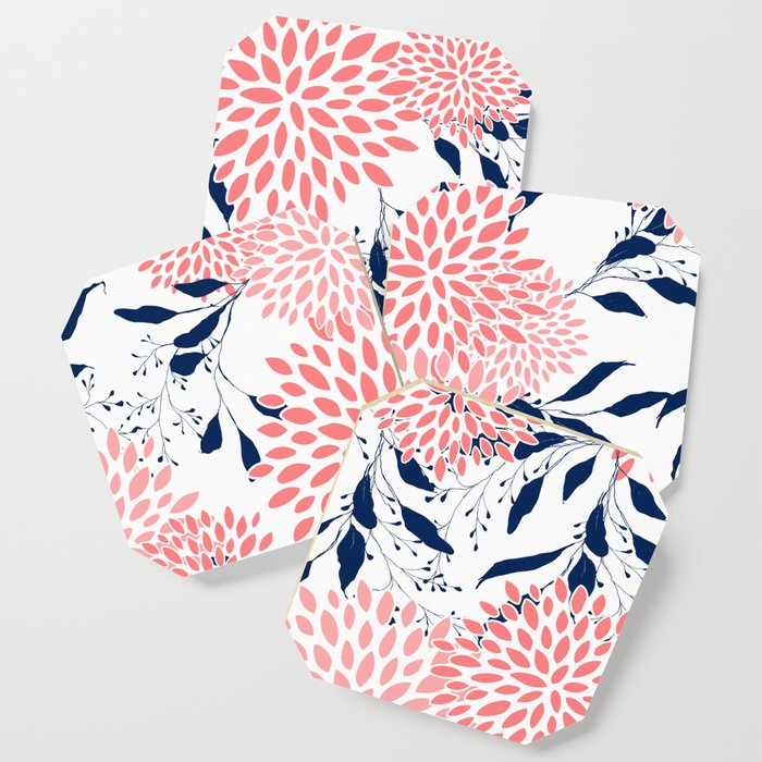 Floral Blooms and Leaves, Navy Blue, Pink and White Coaster