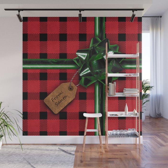 Red Christmas gift wrap with tag Wall Mural