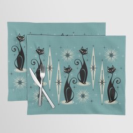Mid Century Meow Retro Atomic Cats on Blue Placemat