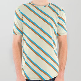 [ Thumbnail: Beige, Deep Sky Blue & Chocolate Colored Lines Pattern All Over Graphic Tee ]