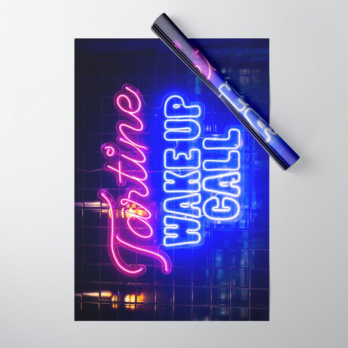 Blue and pink neon sign Tartine wake up call - hotdogs in Lissabon, Portugal Foodcourt - travel photography Wrapping Paper