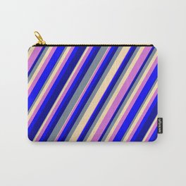 [ Thumbnail: Light Slate Gray, Beige, Orchid, Blue & Dark Blue Colored Striped Pattern Carry-All Pouch ]