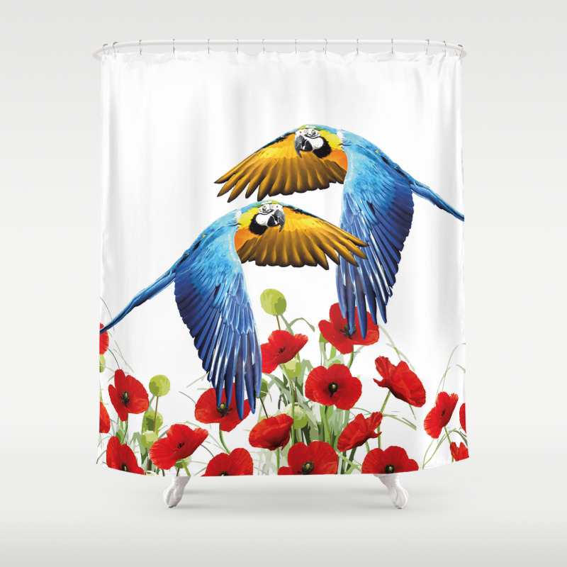 Flying Macaw Bird Over Poppies Field, Macaw Shower Curtain