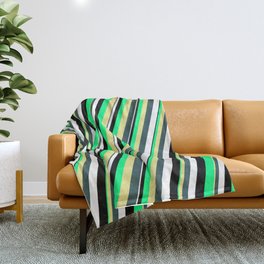 [ Thumbnail: Vibrant Green, Tan, Dark Slate Gray, White, and Black Colored Striped/Lined Pattern Throw Blanket ]