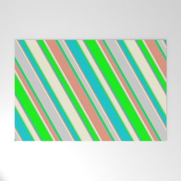 [ Thumbnail: Lime, Dark Turquoise, Dark Salmon, Beige, and Light Gray Colored Stripes/Lines Pattern Welcome Mat ]