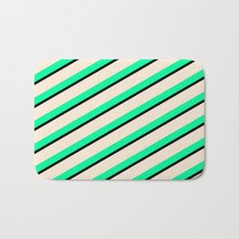 [ Thumbnail: Green, Black, and Beige Colored Stripes Pattern Bath Mat ]